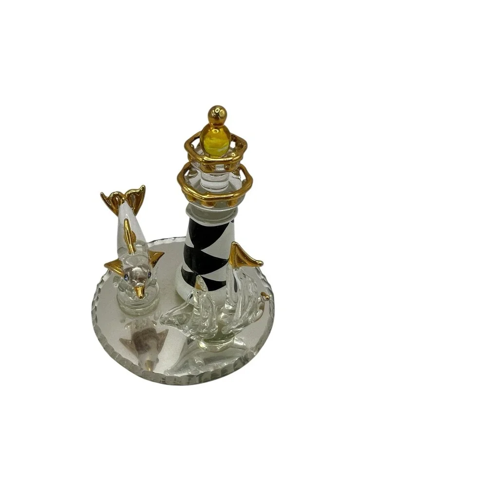 VINTAGE MIRRORED‎ GLASS LIGHTHOUSE DOLPHIN SAILBOAT GOLD TRIM